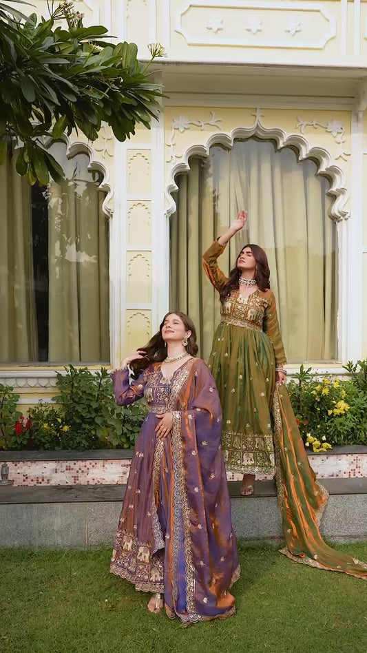 Exclusive Dual Tone Fendy Satin Embroidered Gown with Dupatta – Heavy Embroidery Party Wear Designer Gown for Women