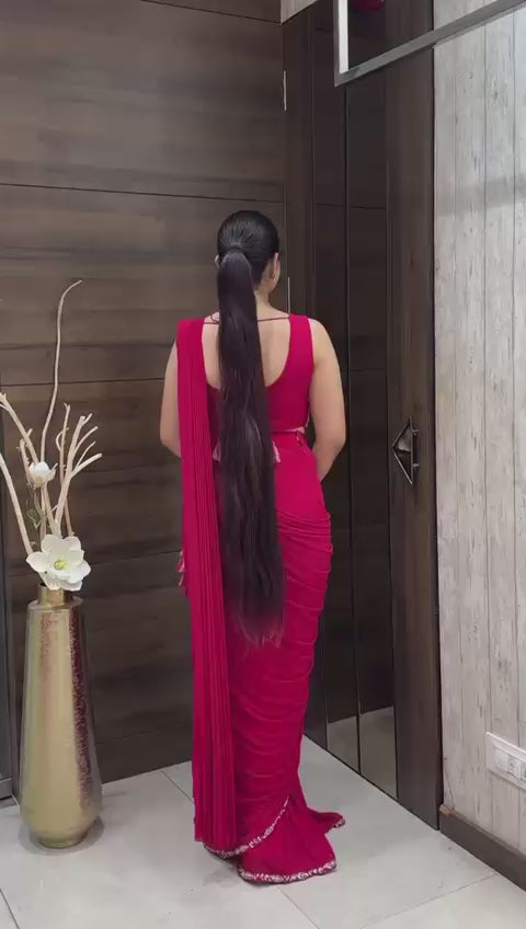 Pink Trending Embroidery Cording Work Ready to Wear Saree