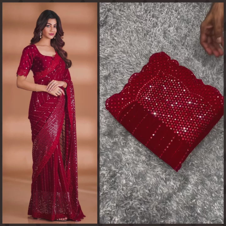 Red Georgette Embroidery Sequins Saree Women Party Wear Sari