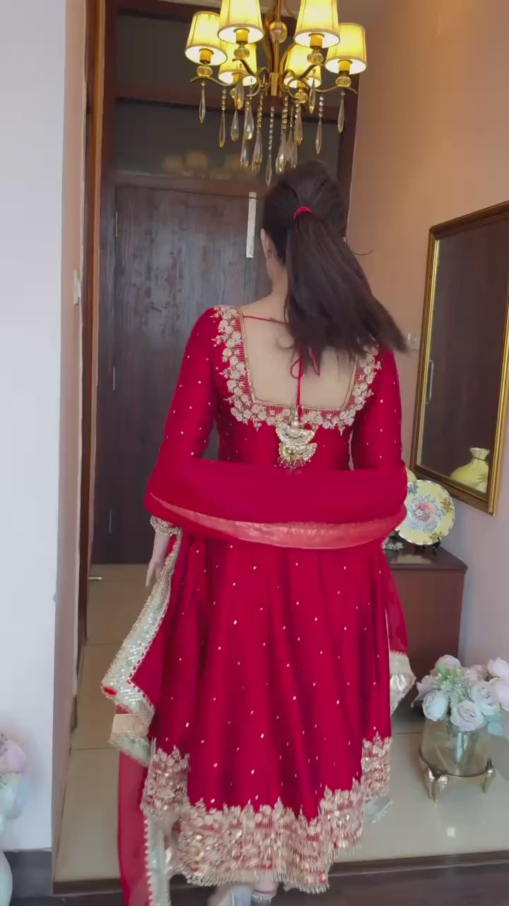 New Party Wear Vichitra Silk Anarkali Gown Set