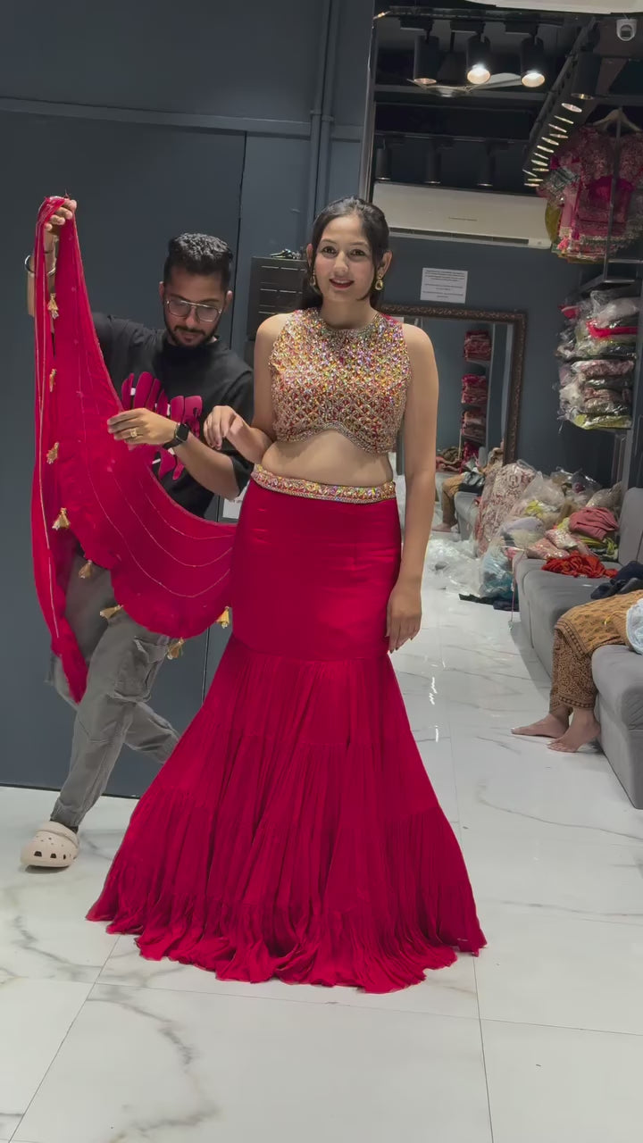 Red Designer Sequence Embroidery Lehenga Choli Set