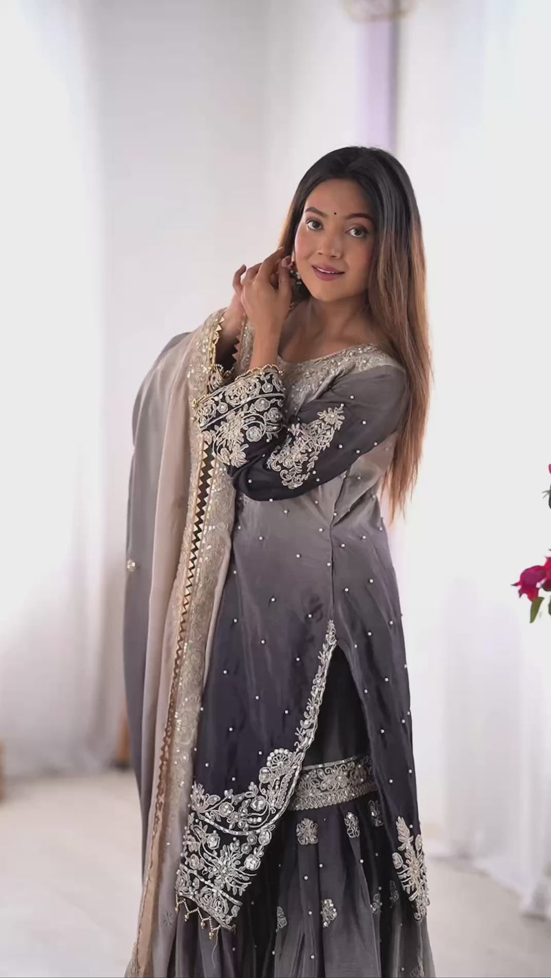 Elegant Heavy Chinon Designer Suit with Sharara & Dupatta