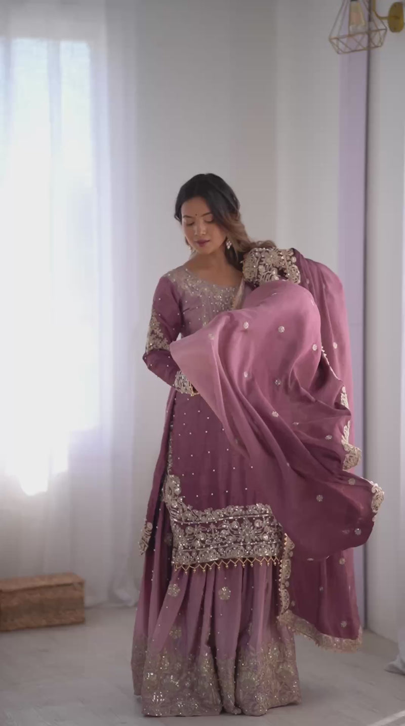 Elegant Heavy Chinon Designer Suit with Sharara & Dupatta