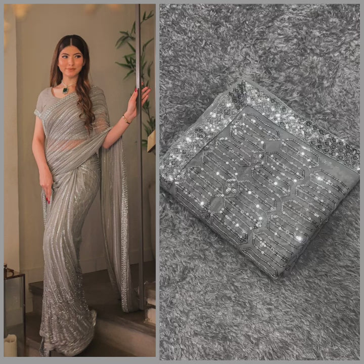 Grey Georgette made Saree with Heavy Sequence Embroidery Work