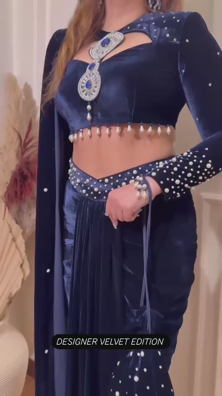 Velvet Pearl Drape Lehenga Saree – Premium Indo-Western Edition