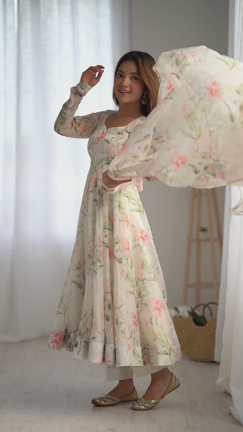 Fresh Look Organza Silk Kali-Cut Anarkali Suit Set with Dupatta & Pant – Summer Festive Special