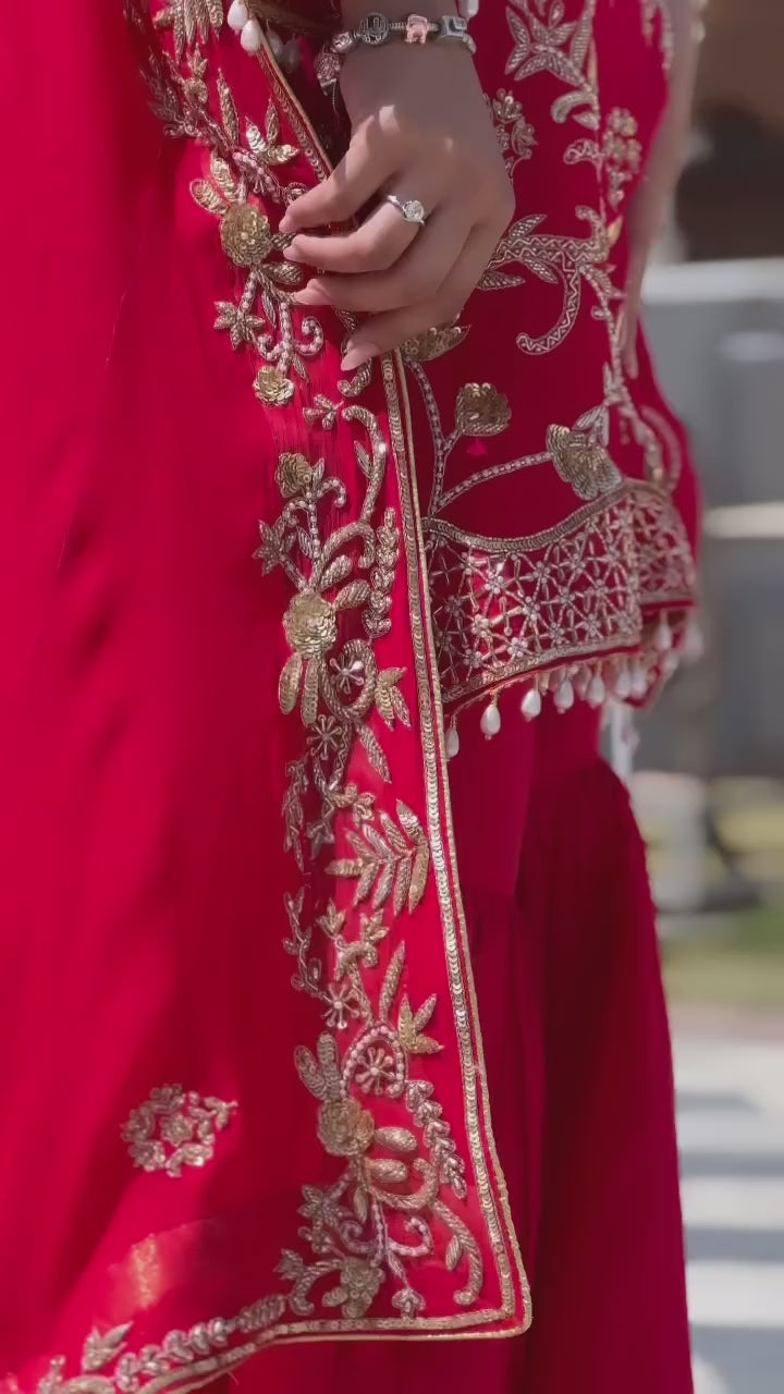 Red Embroidered Salwar Suit & Sharara Set