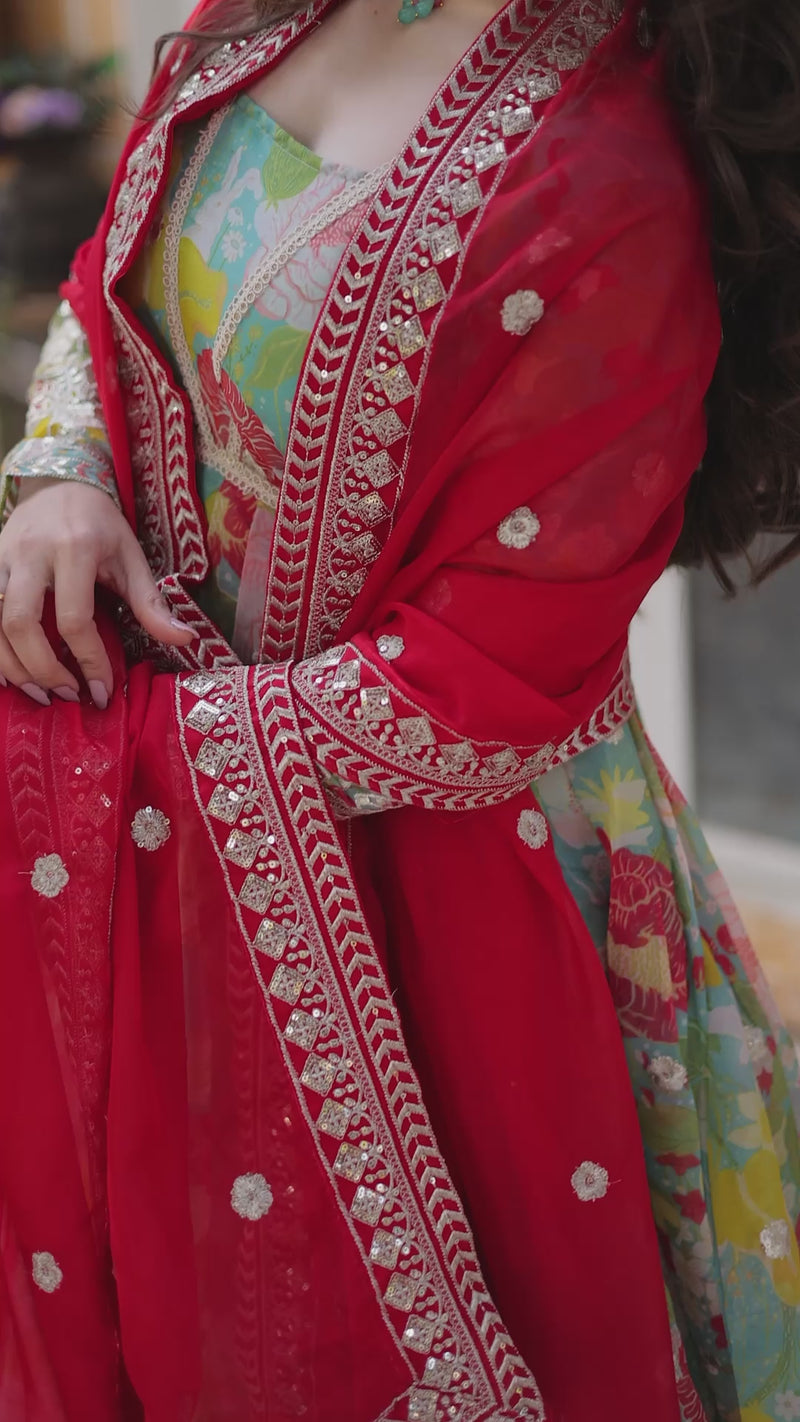 Digital Printed Russian Silk Gown with Embroidered Dupatta