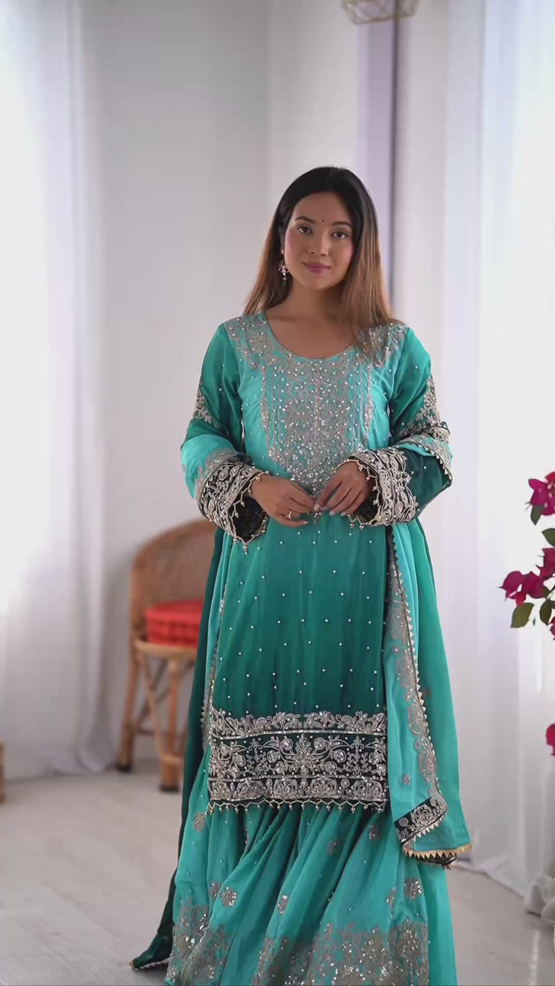 Elegant Heavy Chinon Designer Suit with Sharara & Dupatta