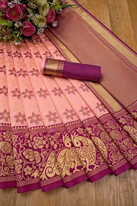 Peach Zari Woven  Kanjivaram Silk Saree