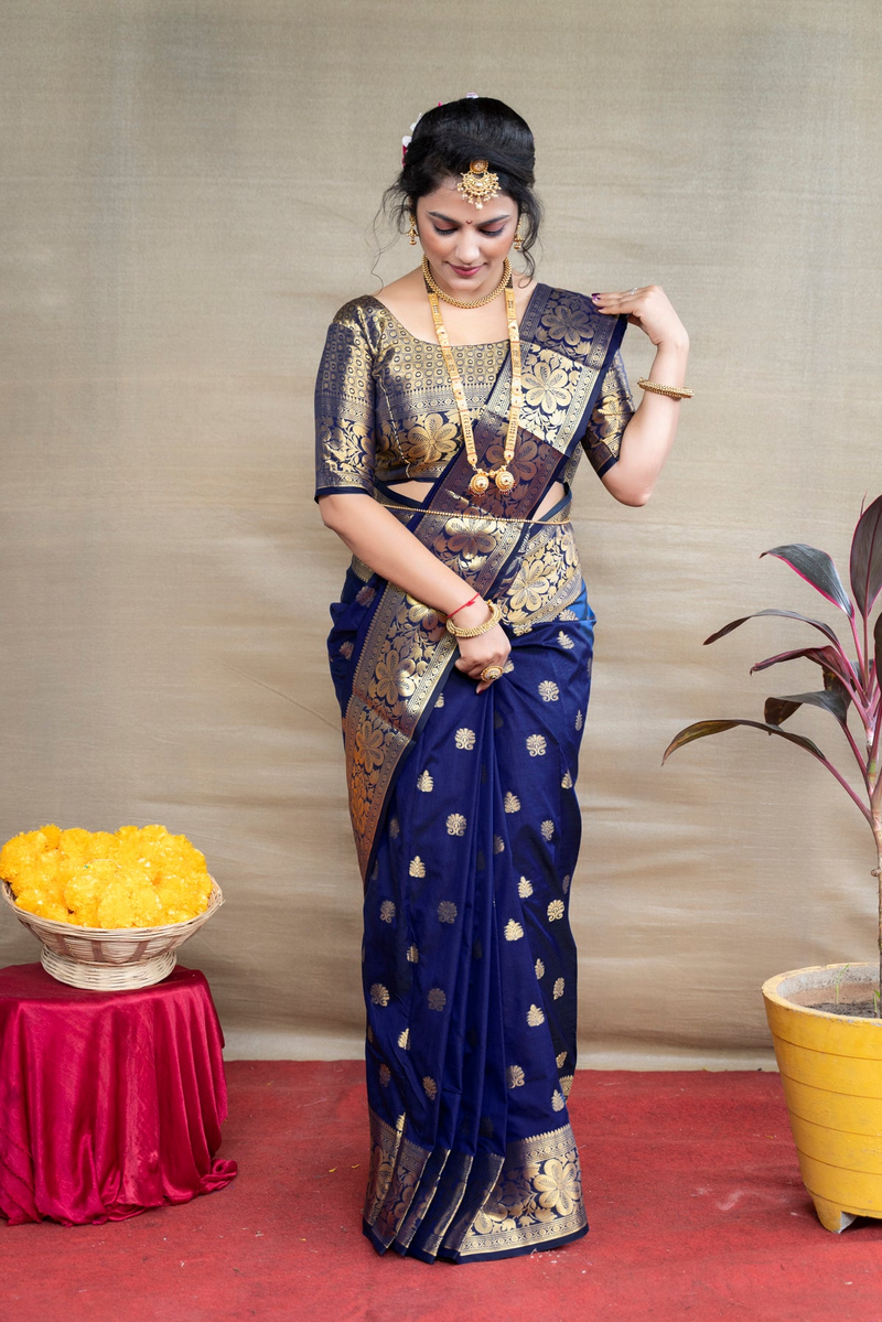 Navy Blue Banarasi Silk Saree