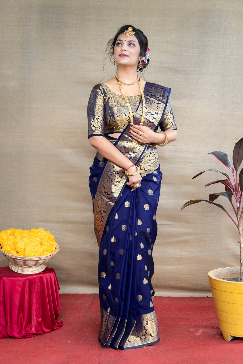 Buy Pattu Weaving Golden Zari Navy Blue Silk Saree